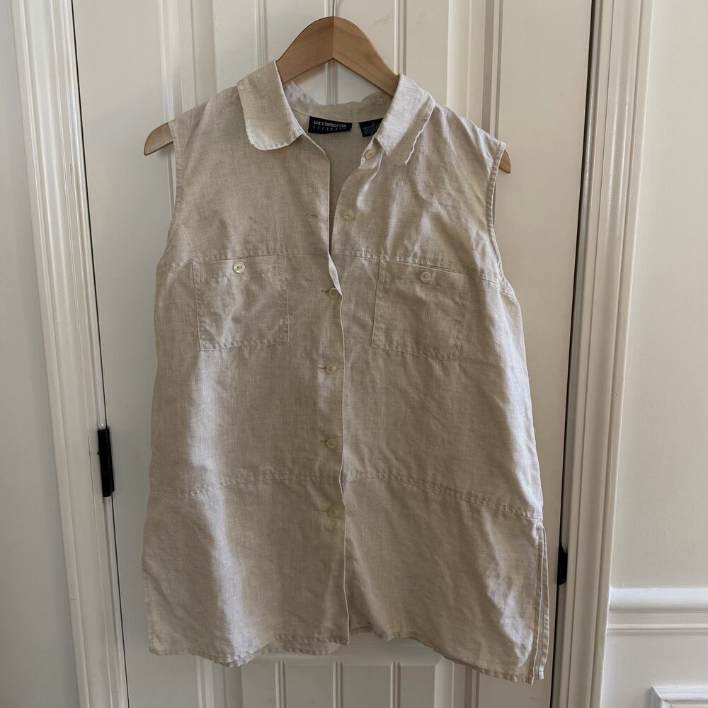 Vintage Liz Claiborne Lizsport 100% Linen Beige Button Up Blouse Women’s Size L